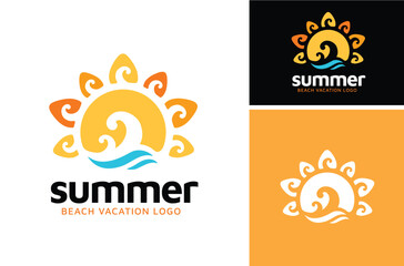 Sunset Beach Coast Island, Sun Shore Ocean Sea Wave for Summer Surf Vacation logo design inspiration