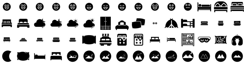 Set Of Sleep Icons Isolated Silhouette Solid Icon With Bed, Pillow, Sleep, Relax, Night, Bedroom, Dream Infographic Simple Vector Illustration Logo