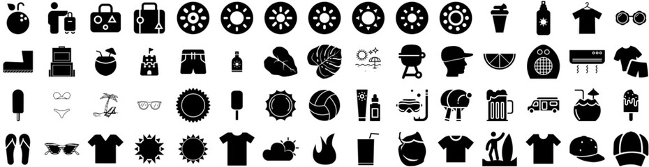 Set Of Summer Icons Isolated Silhouette Solid Icon With Travel, Vacation, Summer, Beach, Tropical, Background, Holiday Infographic Simple Vector Illustration Logo