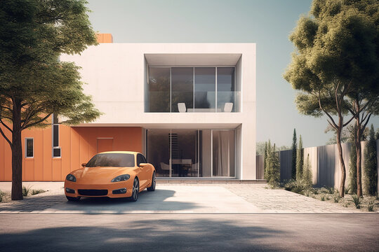 Modern and Minimalist Two Story House Aesthetic Design with Fancy Car and Trees Nature View