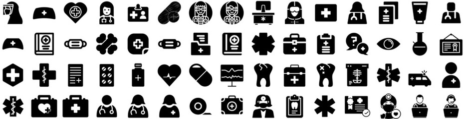 Set Of Doctor Icons Isolated Silhouette Solid Icon With Medicine, Hospital, Medical, Professional, Doctor, Health, Healthcare Infographic Simple Vector Illustration Logo