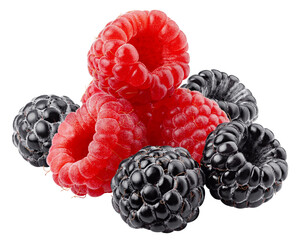 wild berries, raspberry, blackberriy isolated on white background, clipping path, full depth of...