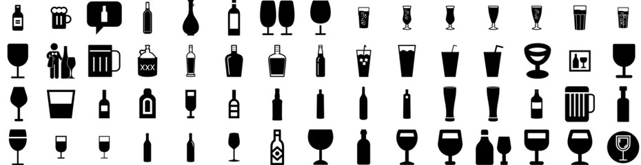Set Of Alcohol Icons Isolated Silhouette Solid Icon With Glass, Background, Alcoholic, Beverage, Drink, Whiskey, Alcohol Infographic Simple Vector Illustration Logo