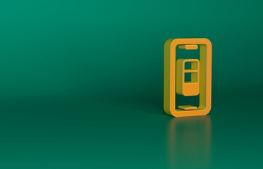 Orange Smartphone battery charge icon isolated on green background. Phone with a low battery charge. Minimalism concept. 3D render illustration