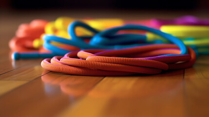 A close-up shot of a jump rope on a gym floor. generative AI