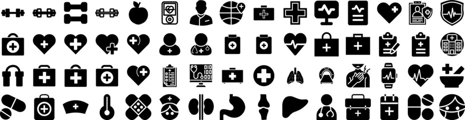 Set Of Health Icons Isolated Silhouette Solid Icon With Health, Mental, Symbol, Care, Medicine, People, Concept Infographic Simple Vector Illustration Logo