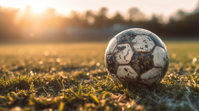 A detailed image of a worn soccer ball on a fieald. generative AI