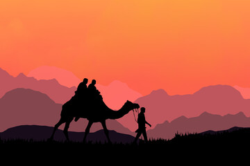 Fototapeta na wymiar Camel and walking in sunset view, silhouette of a camel and camel riders. Caravan with camel in the desert on Mountains, Illustration.