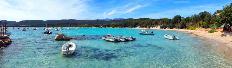 Photo sur Plexiglas Plage de Palombaggia, Corse Panoramic view of the bay and Saint Cyprien beach near Porto-Vecchio, a famous port town dominated by its Genoese citadel, in Corsica (nicknamed the Island of Beauty)