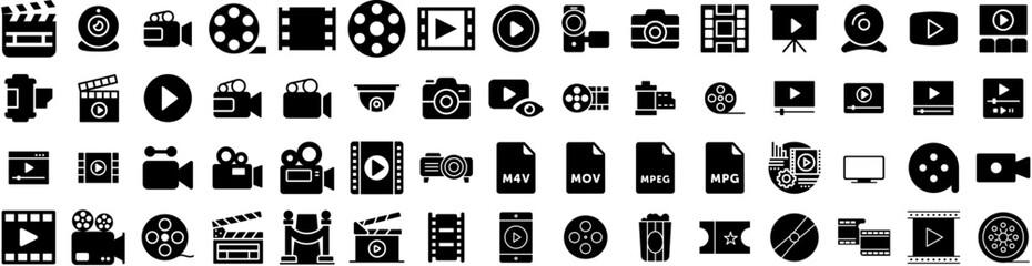 Set Of Movie Icons Isolated Silhouette Solid Icon With Cinema, Entertainment, Background, Movie, Illustration, Film, Video Infographic Simple Vector Illustration Logo