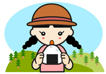 山でおにぎりを食べる女の子
