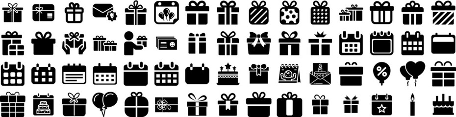 Set Of Birthday Icons Isolated Silhouette Solid Icon With Design, Card, Birthday, Party, Celebration, Invitation, Happy Infographic Simple Vector Illustration Logo