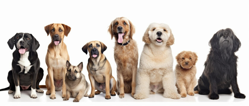 Group of dogs of different sizes and breeds looking at the camera some cute panting or happy in a row isolated on white