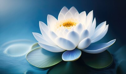 Beautiful waterlily flower close-up in the water on a blurred blue natural background. AI generated.