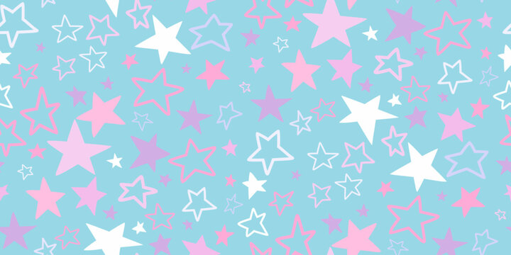 Flying pink stars confetti isolated on gray blue. Beautiful seamless random stellar falling in cartoon style. Pattern of color stars. Vector design for fabric, textile print, wrapping, wallpaper