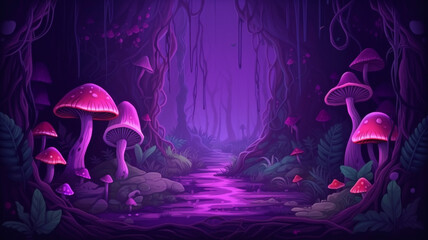 Mushroom jungle with violet neon glow