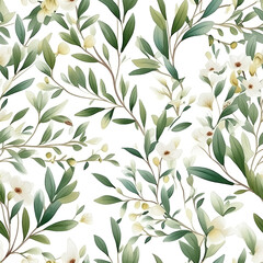 Obraz na płótnie Canvas Floral seamless pattern with white flowers. Botanical background. AI Illustration. For wallpaper, prints, fabric design, wrapping paper, surface textures, digital paper.
