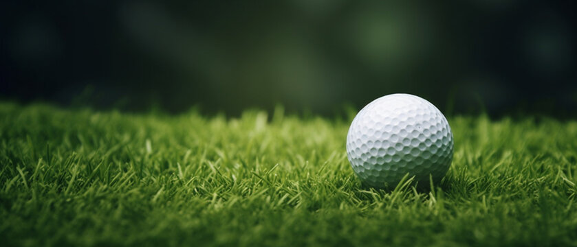 Golf ball on grass in fairway green background, Banner for advertising with copy space, Sport and athletic concept,  copy space on left