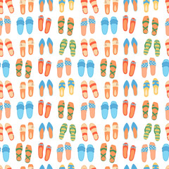 Seamless pattern of colorful drawing summer shoes in flat vector style. Print design for children apparel, textile, wallpaper, packaging