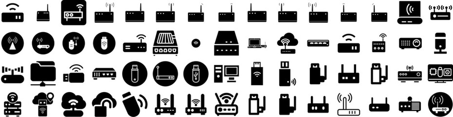 Set Of Modem Icons Isolated Silhouette Solid Icon With Wireless, Internet, Digital, Modem, Technology, Router, Connection Infographic Simple Vector Illustration Logo
