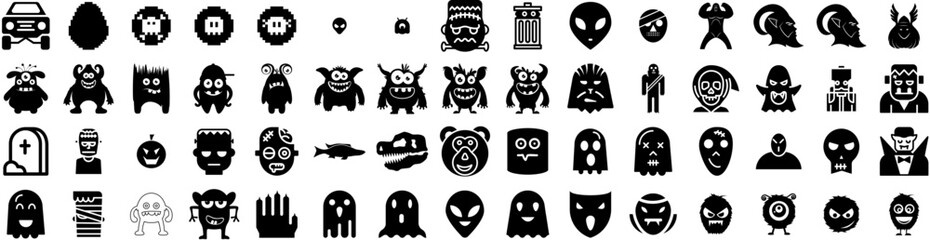 Set Of Monster Icons Isolated Silhouette Solid Icon With Funny, Illustration, Character, Cute, Cartoon, Vector, Monster Infographic Simple Vector Illustration Logo