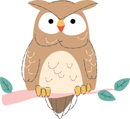 Owl bird . Cute animals cartoon characters . Flat shape and line stroke design .
