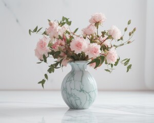 vase with flowers and leaves in soft pastel colors on a white marble background