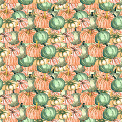 Seamless watercolor solid pattern with orange and green pumpkins hand drawn.