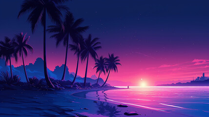 Fototapeta na wymiar Night beach background with violet neon glow and moon