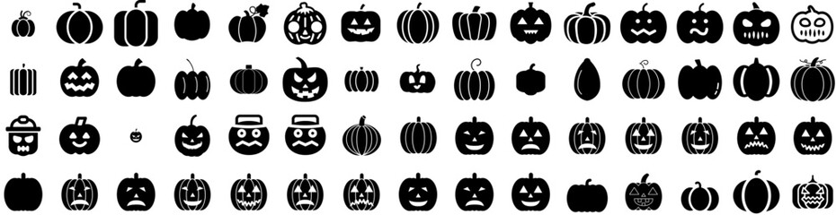 Set Of Pumpkin Icons Isolated Silhouette Solid Icon With Decoration, Halloween, Orange, Isolated, Autumn, Pumpkin, October Infographic Simple Vector Illustration Logo