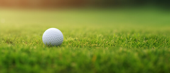 Golf ball on grass in fairway green background, Banner for advertising with copy space, Sport and athletic concept,  copy space on left