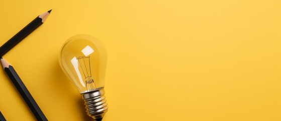 Idea light bulb with a pencil - flat lay copy space on left