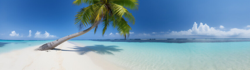 Fototapeta na wymiar Panoramic view of a Tropical beach paradise with a coconut palm tree ina white sand with blue sky. Generative AI