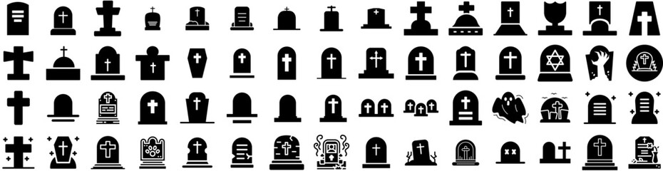 Set Of Tombstone Icons Isolated Silhouette Solid Icon With Tomb, Grave, Scary, Gravestone, Cemetery, Tombstone, Graveyard Infographic Simple Vector Illustration Logo