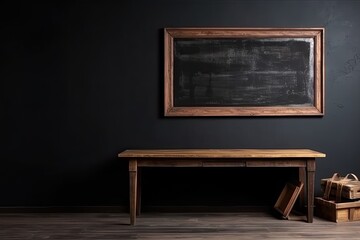 empty chalkboard on wooden table in front of blackboard