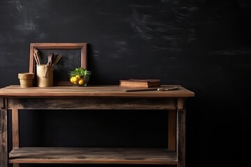empty chalkboard on wooden table in front of blackboard