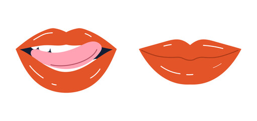 Set of lips concept. Sexual mouth with tongue. Aesthetics and elegance, romance. Collection of stickers for messengers. Cartoon flat vector illustration isolated on white background
