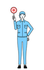 正解を示すマルの棒を持つ帽子と作業着姿の女性