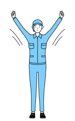 ラジオ体操をする帽子と作業着姿の女性