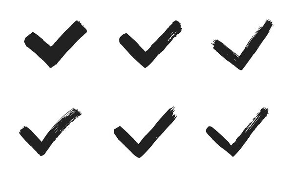 Dirty grunge hand drawn tick v with brush strokes vector illustration set isolated on white background graphic design. Check mark symbol YES button for vote in check box, web, etc.