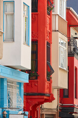 Kadikoy neighborhood multi colored historic building street facades. Istanbul, Turkey