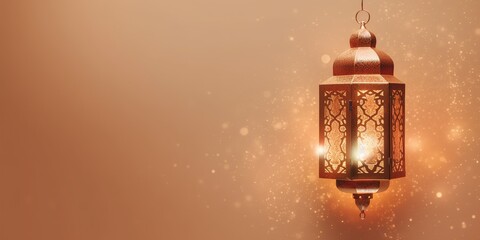 Fototapeta na wymiar celebration of islamic eid mubarak and eid al adha lantern in a light background copy space, Generative AI
