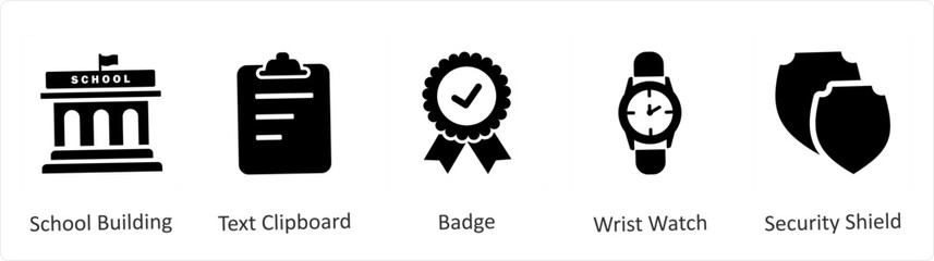 A set of 5 Mix icons as school building, text clipboard, badge