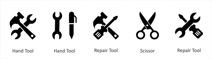 A set of 5 Mix icons as hand tool, repair tool, scissor