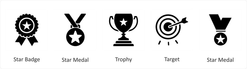 A set of 5 Mix icons as star badge, star medal, trophy