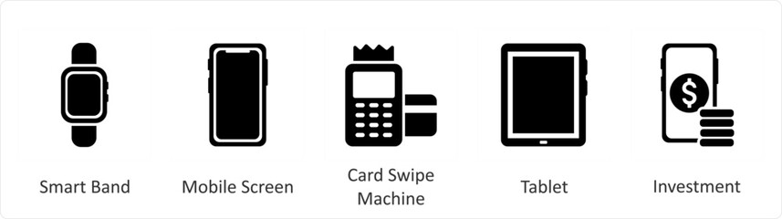 A set of 5 Mix icons as smart band, mobile screen, card swipe machine