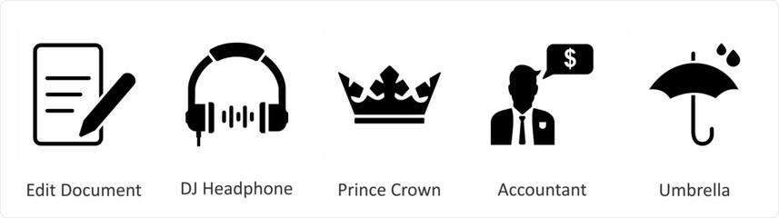 Fototapeta premium A set of 5 Mix icons as edit document, dj headphone, prince crown