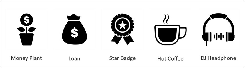 A set of 5 Mix icons as money plant, loan, star badge