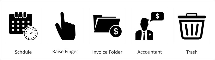 A set of 5 Mix icons as schedule, raise finger, invoice folder