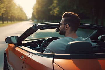 Young man driving a convertible car on the road in the mountains